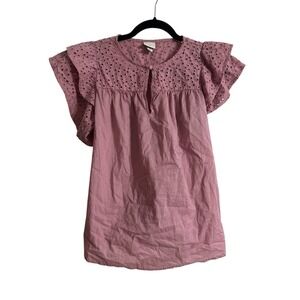 A new day Women's Pink  Short Sleeve Eyelet Top Blouse Ruffle Shoulder Size S